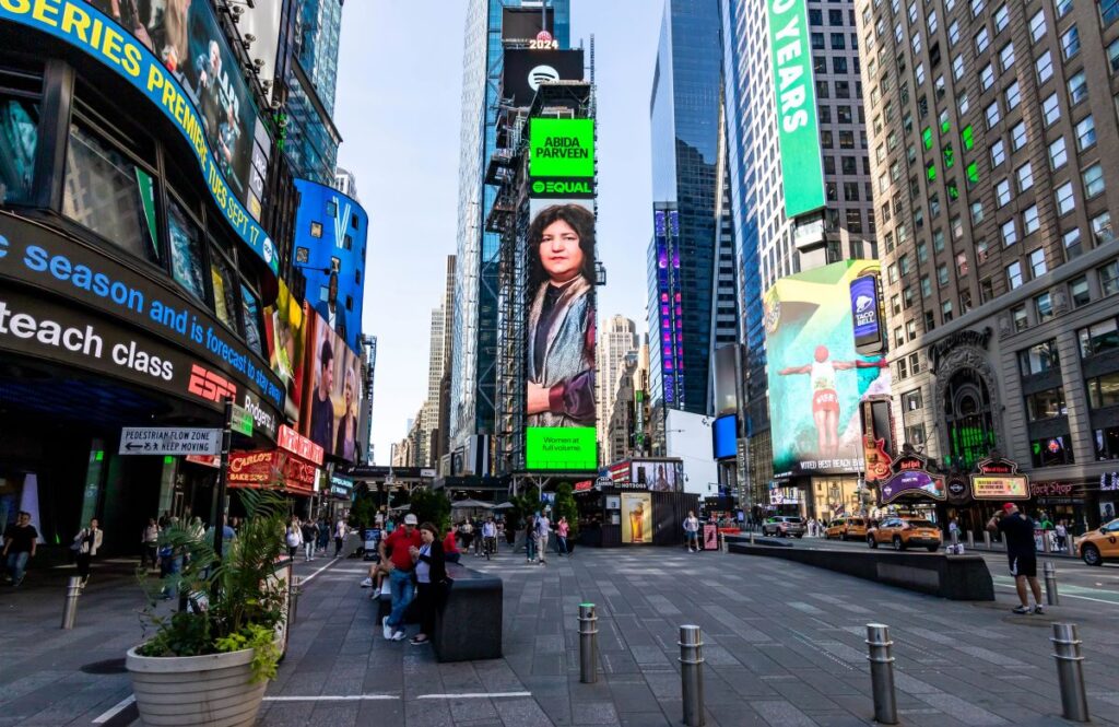 Legendary Sufi singer Abida Parveen has been proudly featured by Spotify on a digital billboard at Times Square, New York, as not only the EQUAL Pakistan Ambassador of August