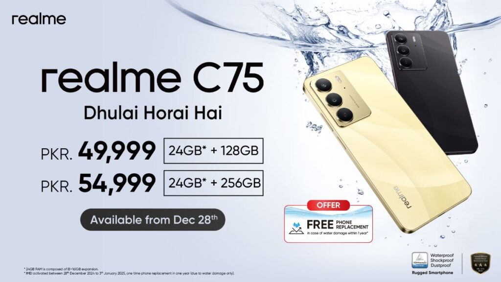 The world’s fastest growing smartphone brand realme has officially launched the realme C75, a revolutionary device with unparalleled water and dust resistance protection.It features the coveted IP69 rating, a rare inclusion across its price segment in Pakistan